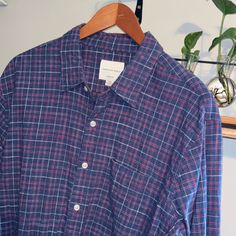 -Style: Plaid Festive Button Down -Brand: American Eagle Outfitters -Size: Large -Color: Purple -Made In Vietnam -Material: 100% Cotton -Pit To Pit: 21” -Length: 29” -Sleeve: 26” -Tags: Pastel, Classic, Retro, Casual, Lounge, Streetwear, Transitional, Comfy, Basic, Designer, Golf, Dress Up, Date Night, Vintage, Active Wear, Performance, Yoga, Hiking, Medical, Work, Cargo, Business Casual, Vacation, Distressed, Rare, Thrift, Tags, Labels, Pristine, Worn, Y2k, 70s, 80s, 90s Christmas And Easter Vi Red Button-up Flannel Shirt For Work, Button-up Flannel Shirt For Work, Cotton Flannel Button-up Shirt For Work, Cotton Button-up Flannel Shirt For Work, Blue Flannel Shirt With Buttons For Work, Casual Plaid Shirt With Button Cuffs, Blue Buttoned Flannel Shirt For Work, Button-up Flannel Shirt With Button Cuffs For Work, Cotton Flannel Shirt With Button Closure