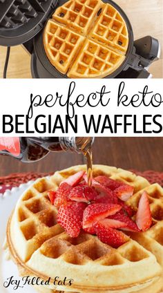 waffles with strawberries being drizzled on top