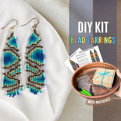 a pair of bead earrings with materials for making them and the text, diy kit bead earrings