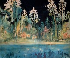 an artistic painting of trees and water at night