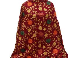 Pattern - red Kashmiri shawl with floral embroidery. Ideal for - women. Occasion - formal or casual. Fabric - cotts wool, it is a blend of cotton and wool which is very soft and has a fine texture. Color - maroon. On maroon background, embroidery is in different colored threads all over displaying floral patterns. Size - Width - 41 x 80 inches approx. Care- gentle hand wash. For more such scarves please visit- https://www.etsy.com/in-en/shop/vibrantscarves?ref=seller-platform-mcnav&section_i Winter Festive Embroidered Scarves, Winter Motifs Shawl, Traditional Floral Embroidered Shawl For Winter, Winter Festive Pashmina Shawl With Motifs, Festive Winter Pashmina Shawl With Motifs, Traditional Winter Shawl With Floral Embroidery, Red Pashmina Shawl For Wedding, Elegant Red Shawl Dupatta, Red Pashmina Dupatta For Wedding