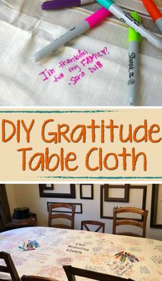 a table with some markers on it and the words diy gratitude table cloth