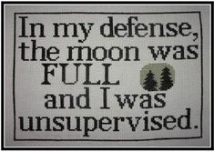 a cross stitch pattern with the words i'm my defense, the moon was full and i was unsupervised