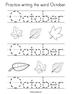 worksheet for writing the word october with leaves and letters in black and white