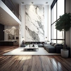 a large living room with wood floors and marble walls