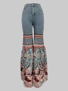 Flared Pants Floral Printed High-Waisted Pockets Jean Pants Bottoms Bellbottom Pants Outfits, Thrift Tips, Recreate Outfits, Clothing Embellishments, Otherworldly Beauty, The Si, Boho Clothes, Crystal Belt, Funky Shoes