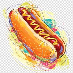 a hot dog on a bun with ketchup and mustard, painted in bright colors