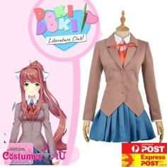 Doki-Literature-Club-Costume-Sayori-Yuri-Natsuki-Monika-Fancy-Dress-Cosplay Kawaii Anime Print Cosplay Costume, Kawaii Fitted Cosplay Costume For Costume Party, Fitted Pink Anime Cosplay Costume, Pink Fitted Anime Cosplay Costume, Fitted Pink Costume With Anime Print, Fitted Pink Harajuku Costume, Pink Fitted Harajuku Costume, Fitted Kawaii Cosplay Costume For Events, Fitted Anime School Costume