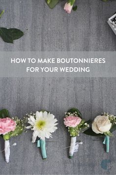 wedding boutonnieres arranged on the ground with text overlay