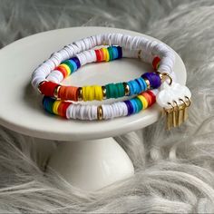 Super Cute Rainbow Bracelet Set, Made With Heishi Beads. Bracelets Are Made In Standard Size, 7in Unless You Send A Message Requesting A Different Size. Funky Beaded Bracelets, White Bohemian Bracelets With Heart Beads, White Bohemian Stretch Bracelet With Heart Beads, Fendi Bracelet, Stackable Beaded Bracelets, Blue Gemstone Bracelet, Rice Bead, Bee Pendant, Rainbow Bracelet