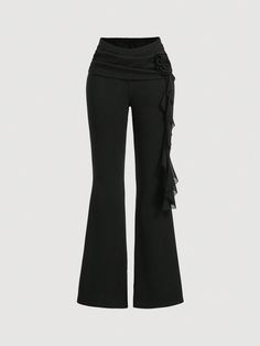 Women's Black Flare Pants With Sash Floral Decoration, Pleats And Accentuate Thin Waist Design Black Casual,Elegant   Polyester Plain Flare Leg Medium Stretch  Women Clothing, size features are:Bust: ,Length: ,Sleeve Length: Black Goth Pants, Cute Black Pants, Goth Pants, Jazz Pants, Black Flare Pants, Fancy Dress Up, Tech Shirt, Black Flare, Teen Girl Outfits