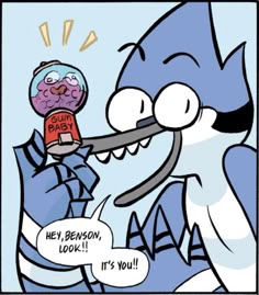 a comic strip with an image of a cartoon character holding a candy ball in its mouth