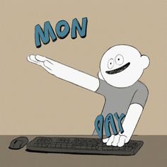 a cartoon character sitting at a computer keyboard with the word mom on it's back