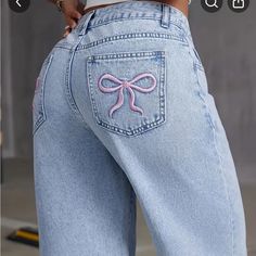 Brand New, Perfect Condition Preppy Pants, Bow Jeans, Wide Legged Jeans, Embroidered Bow, Diy Jeans, Flair Jeans, Cute Pants, Jeans Diy, Jeans Casual