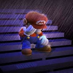 an image of mario in the rain with his arms crossed and head tilted to the side