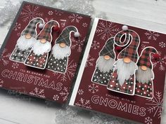 two christmas cards with gnomes on them