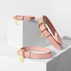 a pink leather belt with gold hardwares on the front and side, sitting next to a white box