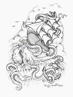 a drawing of an octopus and ship in the ocean with waves on it's side