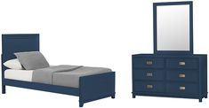 a bed, dresser and mirror are shown in this image with the same color scheme