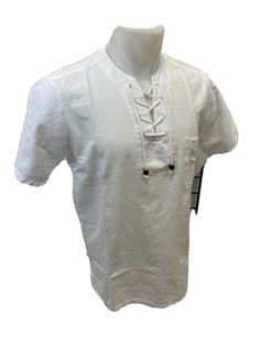 Authentic ENVY Shirt Style : Lace Up Tunic Shirt Short Sleeve 42026 and 40026 Design : Lace Up Neck Shirt Color : White Machine Washable Peruvian Cotten Material : 100% Cotton  Laying flat from armpit to armpit Small = 21 = inches, Medium = 22 inches, Large = 23 inches, XL = 24 inches, 2XL = 25.5 inches, 3XL = 26.5 inches Sizes Small Medium Large XL 2XL XXL 3XL XXXL Buy With Confidence With Our 30 Day Return Policy We Ship Very Fast, The Same or Next Business Day Vintage White Camp Shirt With Button Closure, Beach Button-up Shirt With Pockets, Cheap White Ring-spun Cotton T-shirt, White Short Sleeve Nautical T-shirt, White Cotton T-shirt With Button Closure, Beach Tops, Tunic Shirt, Neck Shirt, Casual Button Down Shirts