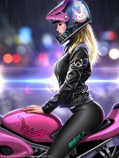 a drawing of a woman on a pink motorcycle