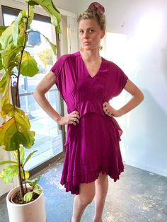 Balenciaga Fuchsia Silk Ruffle Dress in excellent condition. EU Size 38 measures approx. 18: underarm-underarm max, 16" across waist max, 37" length. Fits small to medium best. 100% silk. Ruffle Dress, Balenciaga, Silk