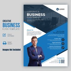 a blue and black business flyer template with a man in suit standing next to it