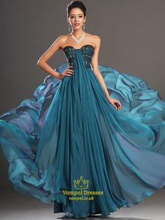 Blue Sweetheart Beaded Pleated Floor Length Chiffon Prom Dress | Vampal Dresses Turquoise Gown, Marchesa Dress, Prom Dress 2013, Prom Dress With Train, Red Chiffon, A Line Prom Dresses, White Chiffon, Chiffon Prom Dress, Lace Bodice