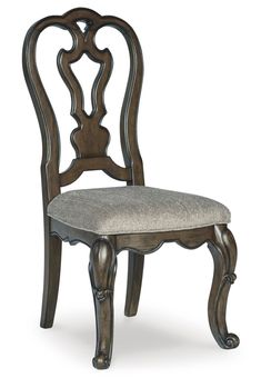 a wooden chair with a gray upholstered back and seat cushion on the side