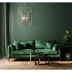 a living room with green walls and wooden flooring is pictured in this image, there are two couches facing each other