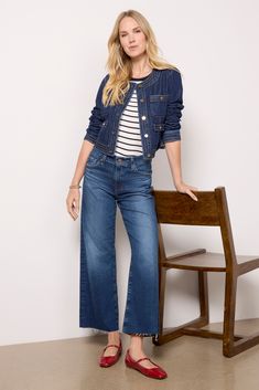 A chic take on the classic jean jacket, the Kiya Jacket by Paige is crafted in dark-wash denim and features a cropped silhouette with a round neckline, front button closure, and chest pockets. The tailored design makes it the perfect day-to-night layer. Dark Wash Relaxed Fit Denim Vest For Fall, Chic Medium Wash Relaxed Fit Denim Jacket, Chic Relaxed Fit Medium Wash Denim Jacket, Chic Medium Wash Relaxed Denim Jacket, Trendy Indigo Denim Jacket For Fall, Chic Dark Wash Denim Jacket For Fall, Chic Dark Wash Relaxed Fit Denim Jacket, Medium Wash Denim Vest For Fall Workwear, Denim Vest For Workwear In Fall