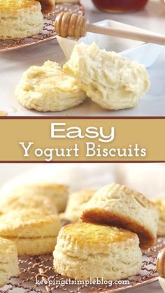 easy yogurt biscuits with honey on top and in the middle, sitting on a plate