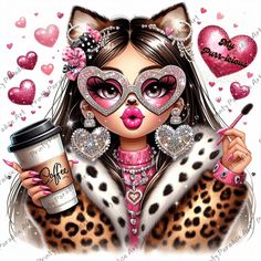 a girl with pink makeup and leopard print holding a coffee cup in her hand, surrounded by hearts