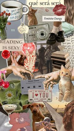 the collage has many different pictures and words on it as well as cats, dogs, flowers, and other things