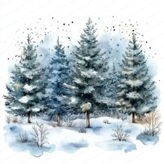 watercolor painting of trees in the snow