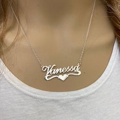 Description: 925 Sterling Silver Name Plate Heart Necklace - Vanessa Item No.: C01 Metal Type: .925 Sterling Silver With Stamped 925 Finish: High Polish Measurement: 16" - 18 Inches. Pendant: 1.5" X 0.75" Brand New With Box Custom Sterling Silver Necklace For Valentine's Day Anniversary, Silver Heart-shaped Custom Name Necklace, Silver Heart Shaped Custom Name Necklace, Custom Name Heart-shaped Silver Necklace, Silver Custom Necklace For Valentine's Day Anniversary, Silver Custom Necklace With Heart Pendant For Mother's Day, Silver Custom Heart Pendant Necklace For Mother's Day, Silver Heart-shaped Custom Necklace For Anniversary, Silver Heart-shaped Necklace For Anniversary