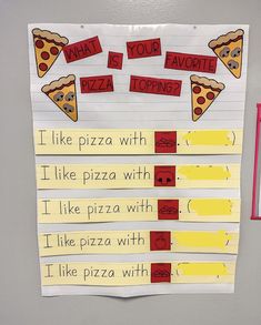 a piece of paper taped to a bulletin board with words and pictures about pizzas