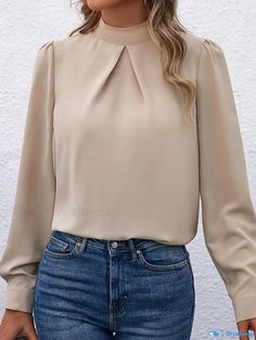 Orcajump - Solid Pleated Mock Neck Blouse, Versatile Long Sleeve Simple Blouse For Spring & Fall, Women's Clothing Mock Neck Blouse, Simple Blouse, Spring And Fall, Mock Neck, Types Of Shirts, Going Out, Types Of Sleeves, Collar Styles, Sleeve Length