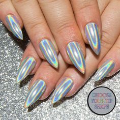 Holographic Chrome Nails Stiletto Acrylic Nails Mirror Gel Etsy Holographic Nail Designs, Holographic Black, Natural Nail Art, Chrome Nail Art, Chrome Nails Designs, Mirror Nails, Metallic Nails