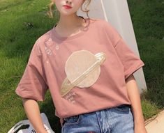 Cute Universe Star Planet Embroidery T-shirt Planet Embroidery, Outfit Reference, 2020 Style, Embroidery T Shirt, Clothing Diy, Star Embroidery, Boutique Shop, Art Stuff, Aesthetic Outfits