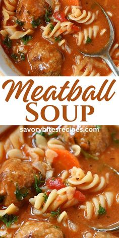 meatball soup with noodles and vegetables in a white bowl