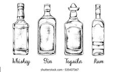 four different types of liquor bottles with the names whiskey, rum, gin, tequila and rum