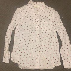 Women’s Blouse. Brand New. Never Worn. White Button Down With Red Hearts. Has A Pocket. Size Extra Small. Casual Fitted Blouse With Heart Print, White Casual Blouse With Heart Print, Long Sleeve Heart Print Shirt For Spring, Summer White Blouse With Heart Print, White Heart Print Blouse For Summer, Casual Heart Print Shirt For Spring, Cute White Button-up Shirt, Cute White Button-up Blouse, Heart Button