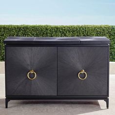 a black cabinet with two gold handles on it's sides and a hedge in the background