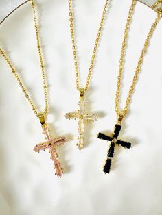 18k Gold Plated  Stainless Steel Chain and Gold Filled 1 inch Extender Nickel and Lead Free Waterproof Keep Away From Chemical Cross Gift, Pink Cross, Crystal Cross, Religious Cross, Cross Jewelry, Butterfly Necklace, Pink Crystal, Black Crystals, Steel Chain