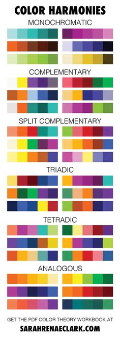 color harmony chart with the names and colors for each type of item in this book