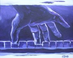 an acrylic painting of a dog jumping over a fence with his paw in the air