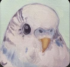 a painting of a white bird with black eyes