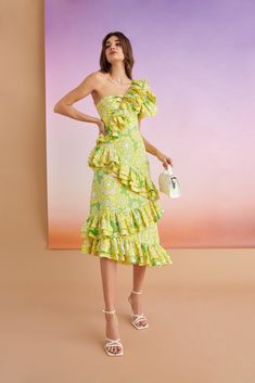 TAHITI DRESS – CELIA B Knee-length One Shoulder Ruffled Dress For Summer, Knee-length Ruffled One Shoulder Dress For Summer, Summer One Shoulder Knee-length Dress With Ruffles, Ruffled One-shoulder Knee-length Dress For Summer, Green One Shoulder Midi Dress For Spring, One-shoulder Midi Dress With Ruffle Hem For Brunch, Summer Asymmetrical Ruffle Dress For Cocktail, One Shoulder Midi Dress With Ruffle Hem For Brunch, Spring One-shoulder Dress With Ruffled Skirt