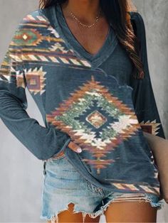 Women's Aztec Enthic Geometric Pattern V Neck Long Sleeve T-Shirt Causal T-Shirt Bohemian Cotton Top With Geometric Pattern, Cotton Top With Geometric Pattern, Long Sleeve Cotton Tops With Geometric Pattern, Casual V-neck Tops With Geometric Pattern, Blue Long Sleeve Top With Geometric Pattern, Blue Cotton Tops With Geometric Pattern, Blue Cotton Top With Geometric Pattern, Multicolor Geometric Pattern Top For Fall, Bohemian Long Sleeve Fall T-shirt